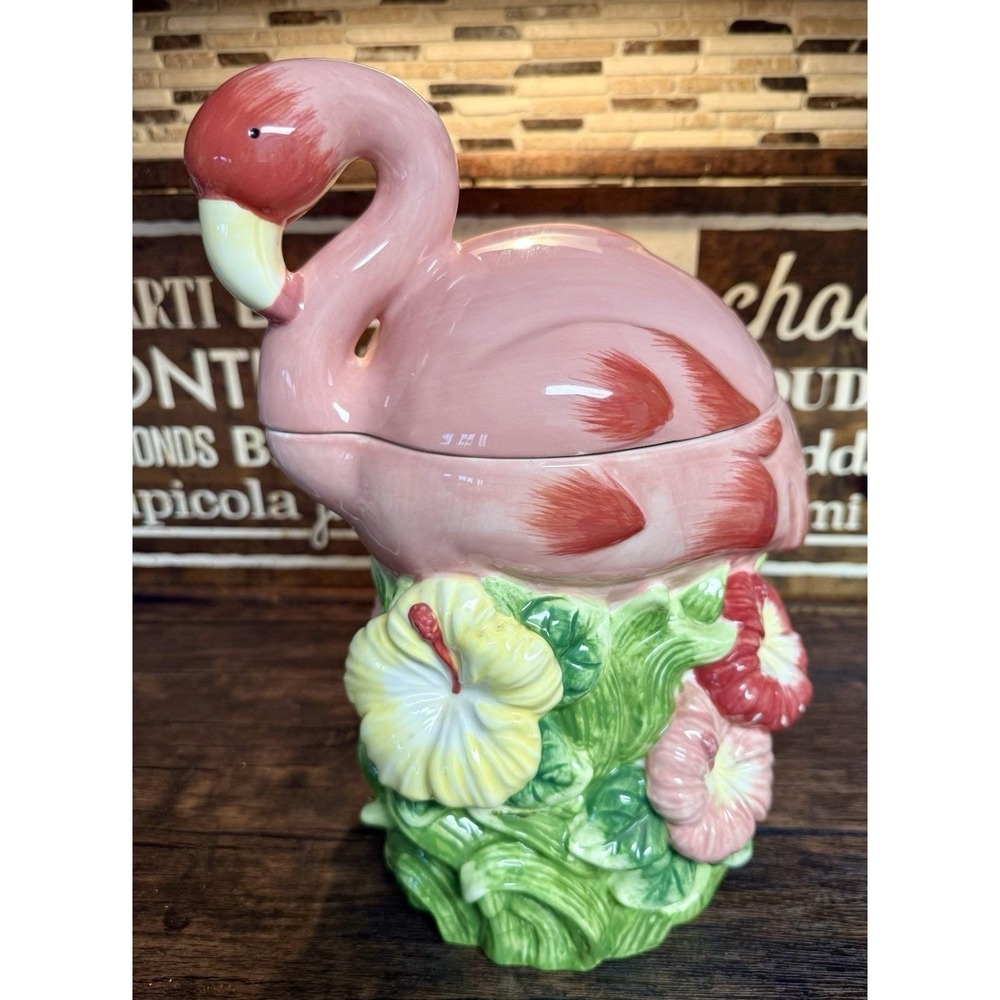 Vintage Target PINK FLAMINGO - HIBISCUS 13" Cookie Jar Large Flowers 2005 Mint